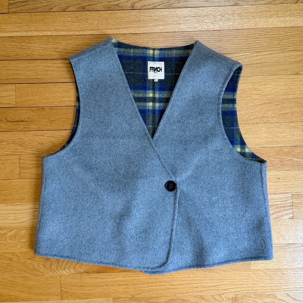 NWOT FRNCH Paris Reversible Grey & Plaid Wool Blend Vest - Size L